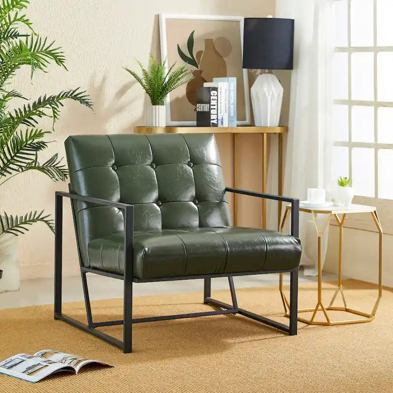 Glitzhome Set of 2 29.25W Mid-Century PU Leather Tufted Accent Chairs 14