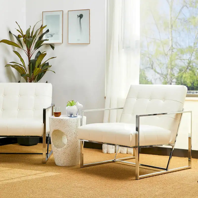 Glitzhome Set of 2 29.25W Mid-Century PU Leather Tufted Accent Chairs 26