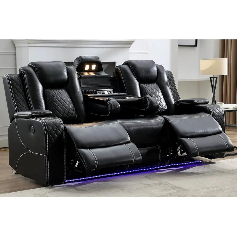 Power Reclining Sofa with Wireless Charger,Reading Light for Living Room,Faux Leather LED Light,AC/USB Port,Cup Holder,Black 36