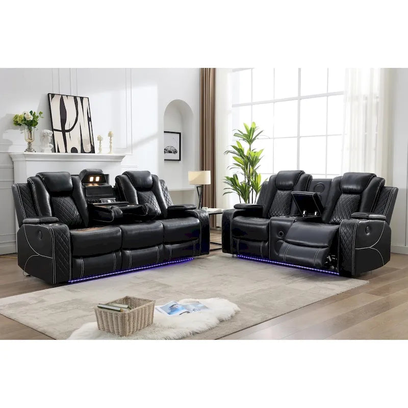 Power Reclining Sofa with Wireless Charger,Reading Light for Living Room,Faux Leather LED Light,AC/USB Port,Cup Holder,Black 37
