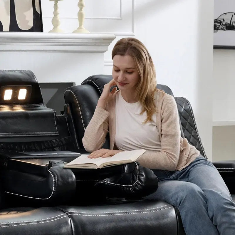 Power Reclining Sofa with Wireless Charger,Reading Light for Living Room,Faux Leather LED Light,AC/USB Port,Cup Holder,Black 3