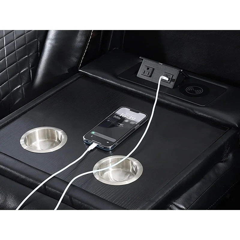 Power Reclining Sofa with Wireless Charger,Reading Light for Living Room,Faux Leather LED Light,AC/USB Port,Cup Holder,Black 4