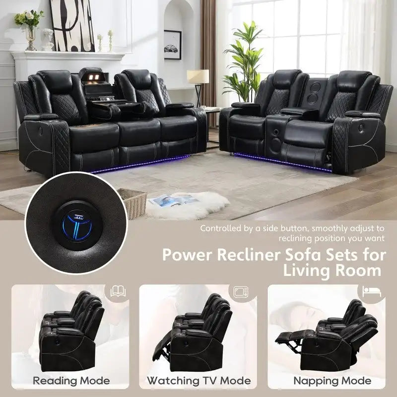 Power Reclining Sofa with Wireless Charger,Reading Light for Living Room,Faux Leather LED Light,AC/USB Port,Cup Holder,Black 5