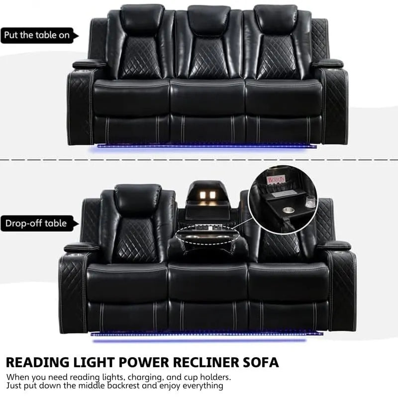 Power Reclining Sofa with Wireless Charger,Reading Light for Living Room,Faux Leather LED Light,AC/USB Port,Cup Holder,Black 7