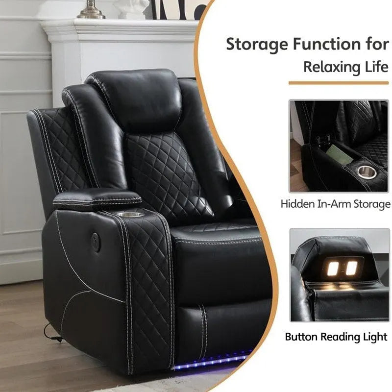 Power Reclining Sofa with Wireless Charger,Reading Light for Living Room,Faux Leather LED Light,AC/USB Port,Cup Holder,Black 8