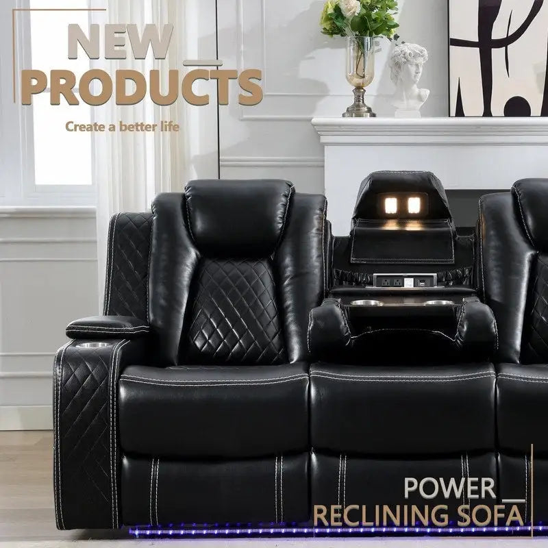 Power Reclining Sofa with Wireless Charger,Reading Light for Living Room,Faux Leather LED Light,AC/USB Port,Cup Holder,Black 9