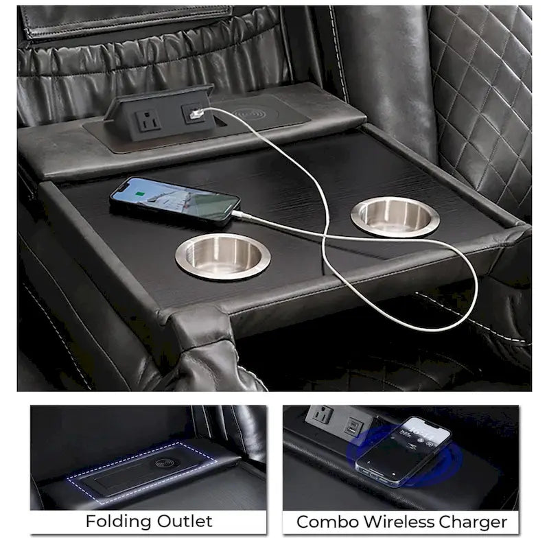 Power Reclining Sofa with Wireless Charger,Reading Light for Living Room,Faux Leather LED Light,AC/USB Port,Cup Holder,Black 12