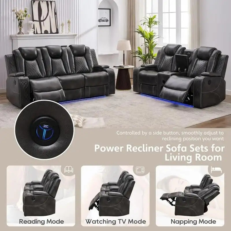 Power Reclining Sofa with Wireless Charger,Reading Light for Living Room,Faux Leather LED Light,AC/USB Port,Cup Holder,Black 14