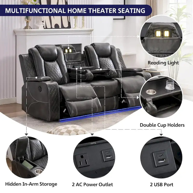 Power Reclining Sofa with Wireless Charger,Reading Light for Living Room,Faux Leather LED Light,AC/USB Port,Cup Holder,Black 16