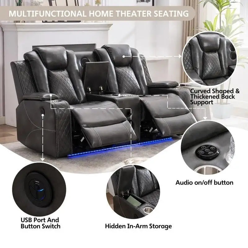 Power Reclining Sofa with Wireless Charger,Reading Light for Living Room,Faux Leather LED Light,AC/USB Port,Cup Holder,Black 17