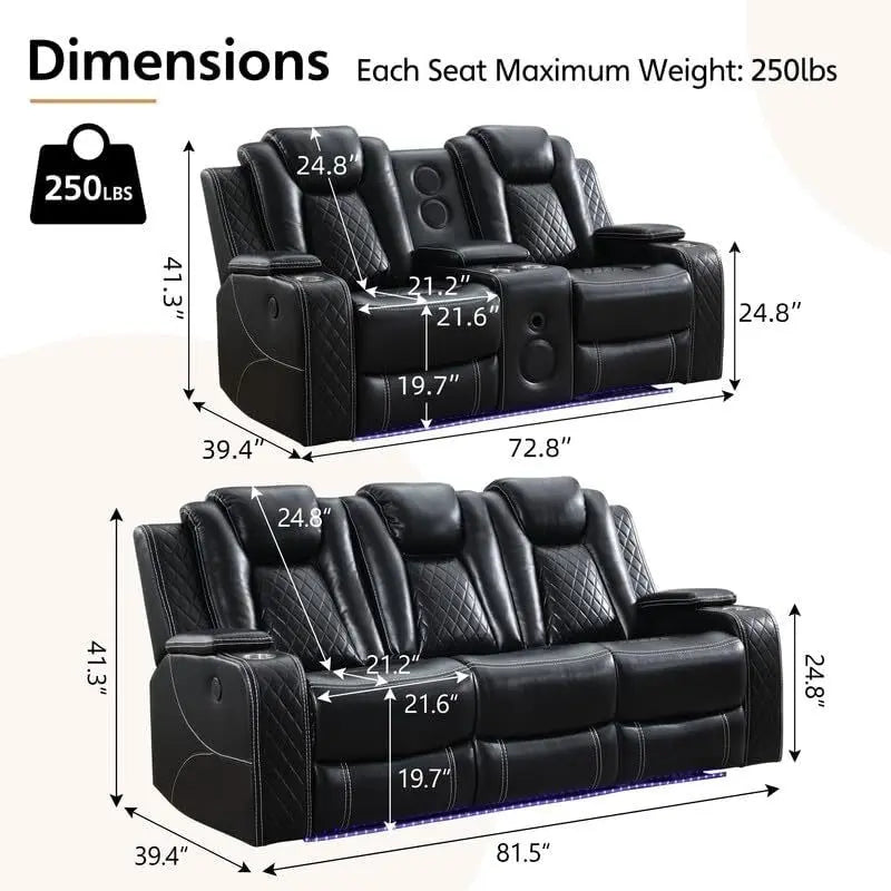 Power Reclining Sofa with Wireless Charger,Reading Light for Living Room,Faux Leather LED Light,AC/USB Port,Cup Holder,Black 19