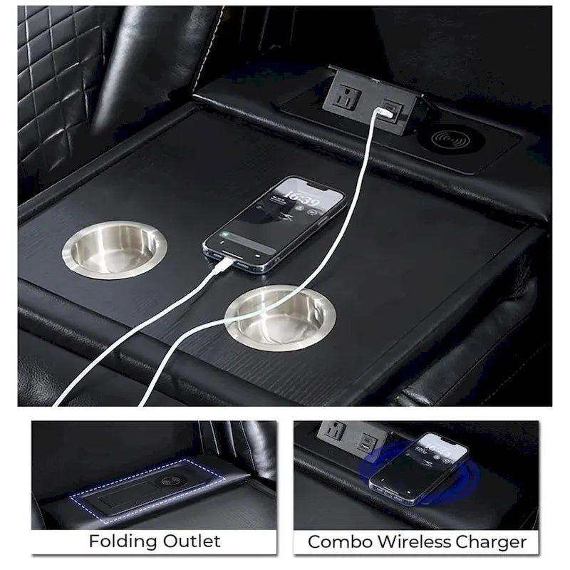 Power Reclining Sofa with Wireless Charger,Reading Light for Living Room,Faux Leather LED Light,AC/USB Port,Cup Holder,Black 20