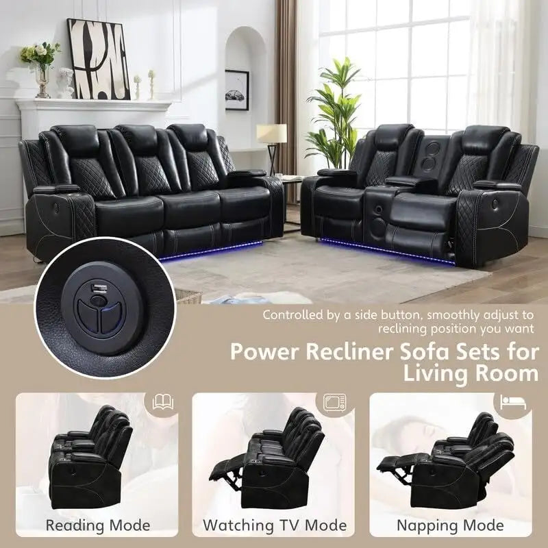 Power Reclining Sofa with Wireless Charger,Reading Light for Living Room,Faux Leather LED Light,AC/USB Port,Cup Holder,Black 22