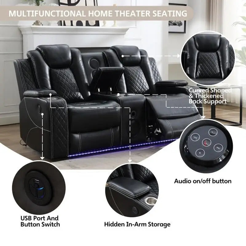 Power Reclining Sofa with Wireless Charger,Reading Light for Living Room,Faux Leather LED Light,AC/USB Port,Cup Holder,Black 24