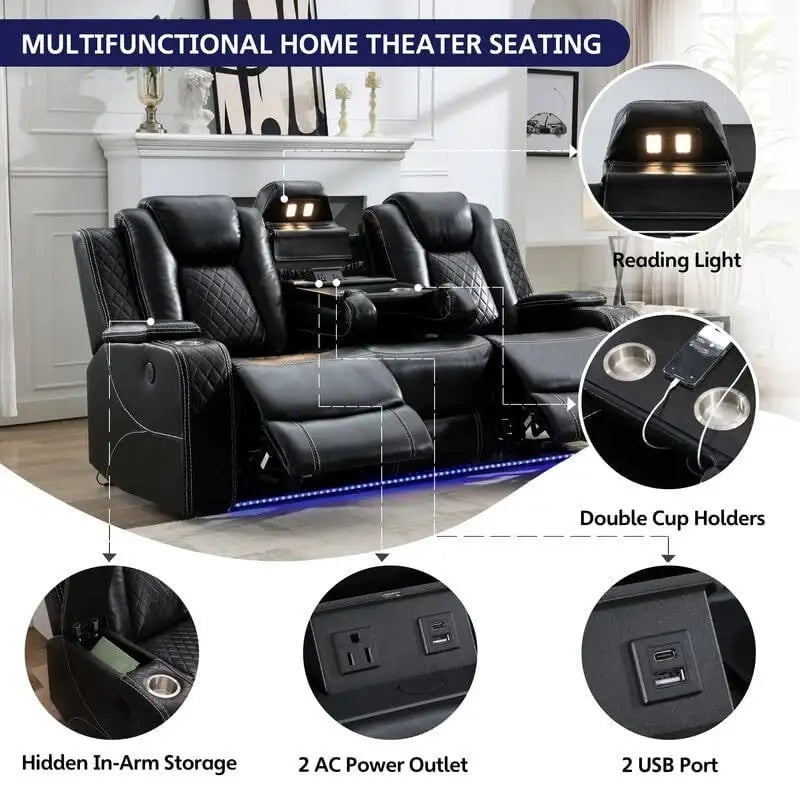 Power Reclining Sofa with Wireless Charger,Reading Light for Living Room,Faux Leather LED Light,AC/USB Port,Cup Holder,Black 25