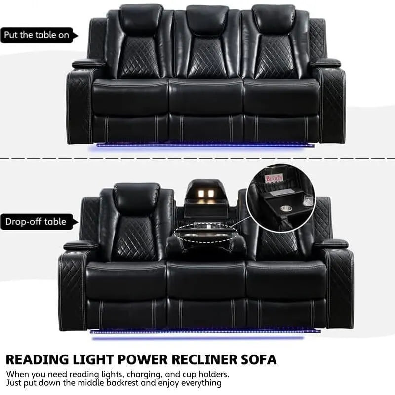 Power Reclining Sofa with Wireless Charger,Reading Light for Living Room,Faux Leather LED Light,AC/USB Port,Cup Holder,Black 26