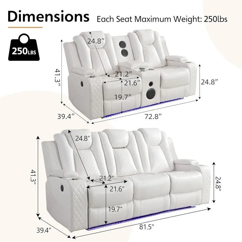 Power Reclining Sofa with Wireless Charger,Reading Light for Living Room,Faux Leather LED Light,AC/USB Port,Cup Holder,Black 28