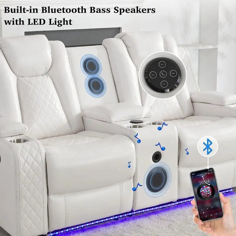 Power Reclining Sofa with Wireless Charger,Reading Light for Living Room,Faux Leather LED Light,AC/USB Port,Cup Holder,Black 30