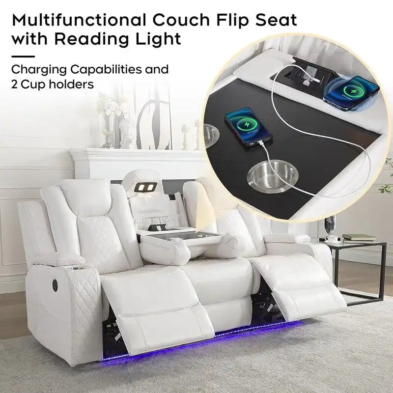 Power Reclining Sofa with Wireless Charger,Reading Light for Living Room,Faux Leather LED Light,AC/USB Port,Cup Holder,Black 31