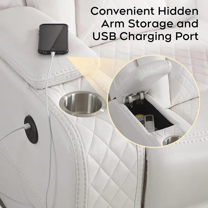 Power Reclining Sofa with Wireless Charger,Reading Light for Living Room,Faux Leather LED Light,AC/USB Port,Cup Holder,Black 32