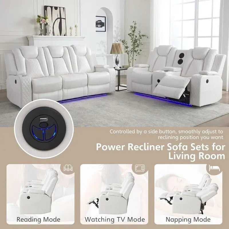 Power Reclining Sofa with Wireless Charger,Reading Light for Living Room,Faux Leather LED Light,AC/USB Port,Cup Holder,Black 33