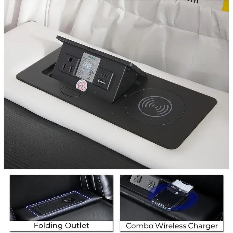 Power Reclining Sofa with Wireless Charger,Reading Light for Living Room,Faux Leather LED Light,AC/USB Port,Cup Holder,Black 34