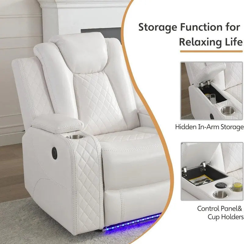 Power Reclining Sofa with Wireless Charger,Reading Light for Living Room,Faux Leather LED Light,AC/USB Port,Cup Holder,Black 35