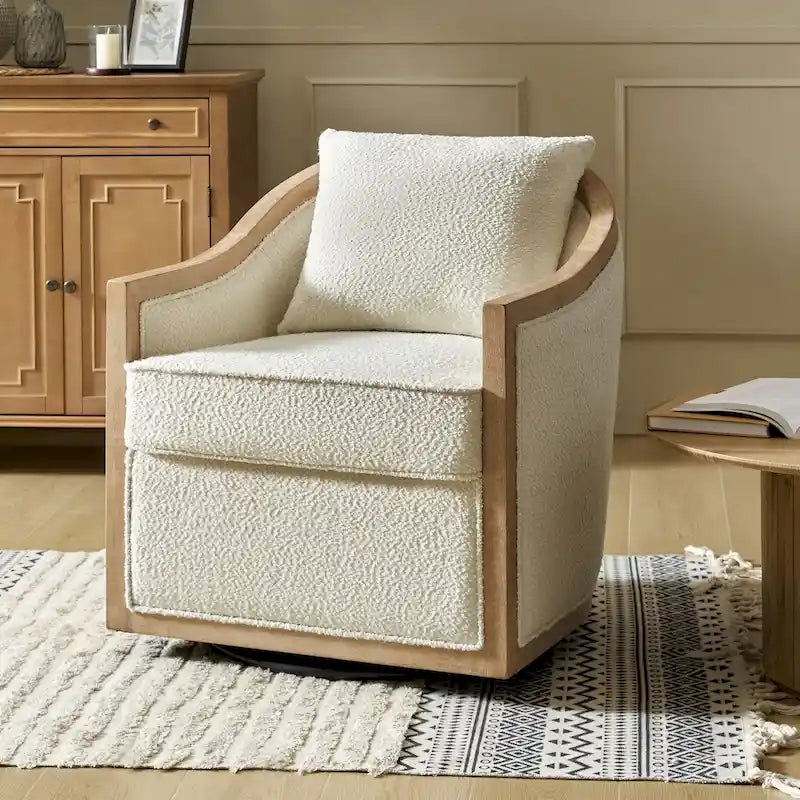 Oswald Jess Farmhouse Solid Wood Edging Swivel Barrel Chair with Toss Pillows by HULALA HOME 9