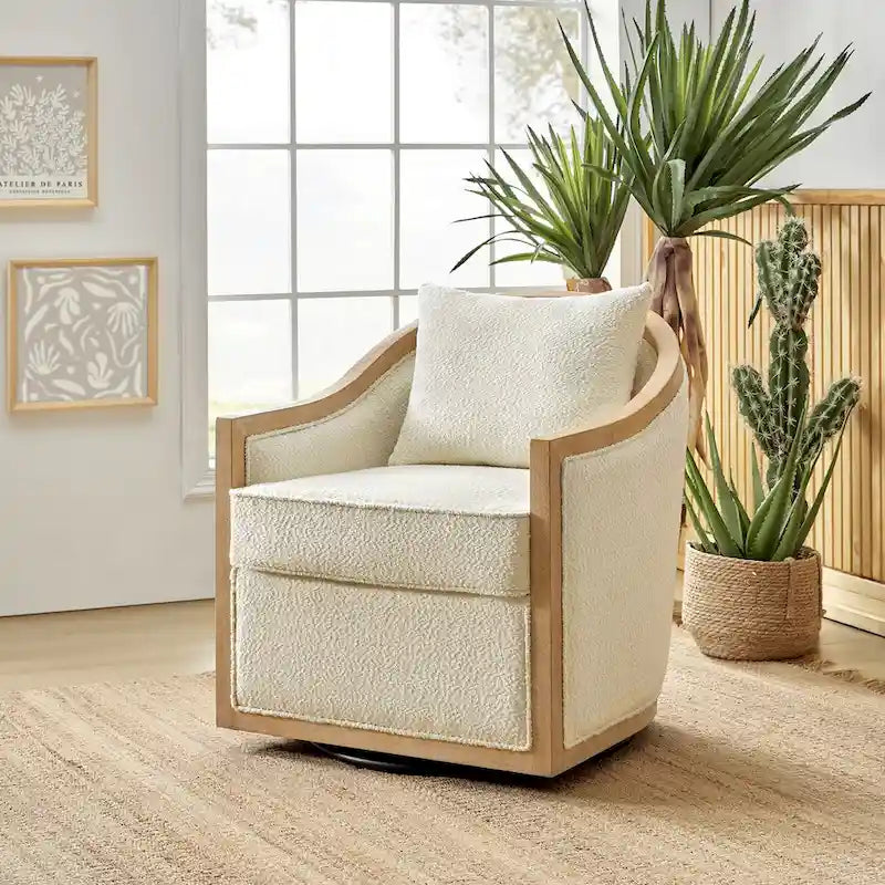 Oswald Jess Farmhouse Solid Wood Edging Swivel Barrel Chair with Toss Pillows by HULALA HOME 3