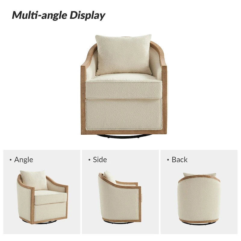 Oswald Jess Farmhouse Solid Wood Edging Swivel Barrel Chair with Toss Pillows by HULALA HOME 4