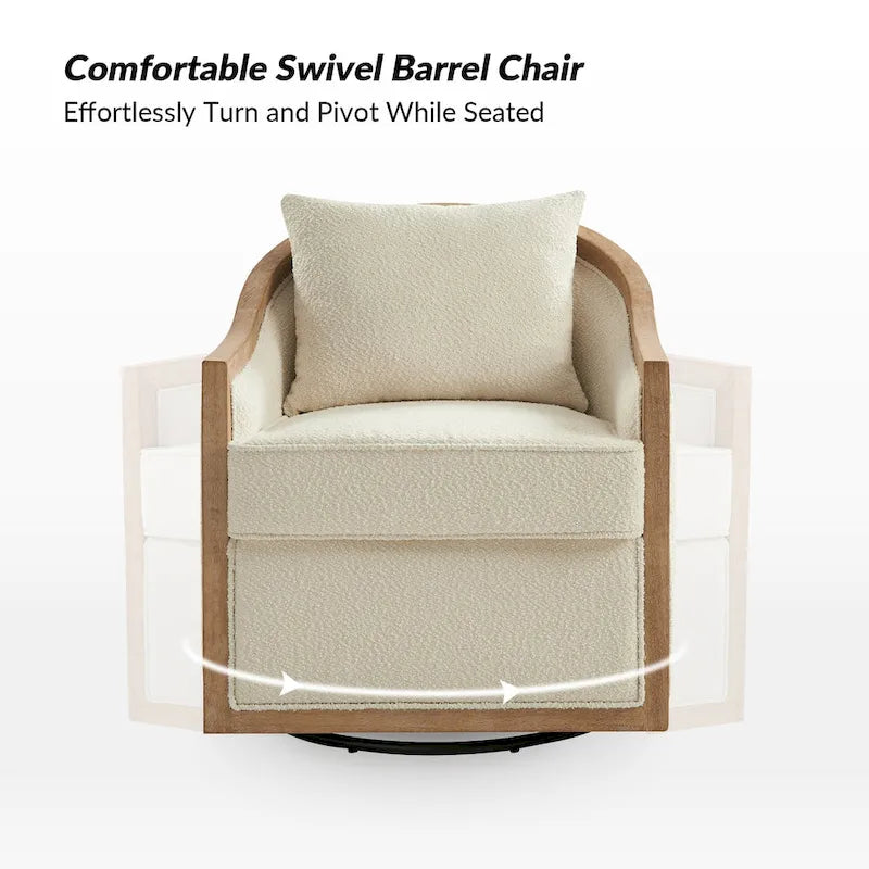 Oswald Jess Farmhouse Solid Wood Edging Swivel Barrel Chair with Toss Pillows by HULALA HOME 5