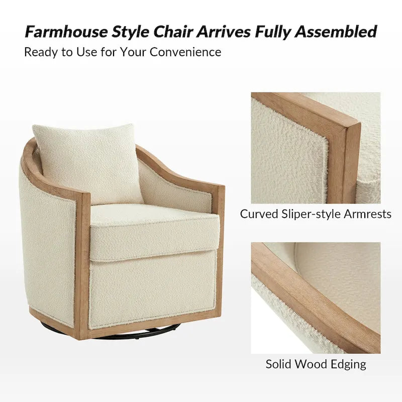 Oswald Jess Farmhouse Solid Wood Edging Swivel Barrel Chair with Toss Pillows by HULALA HOME 6
