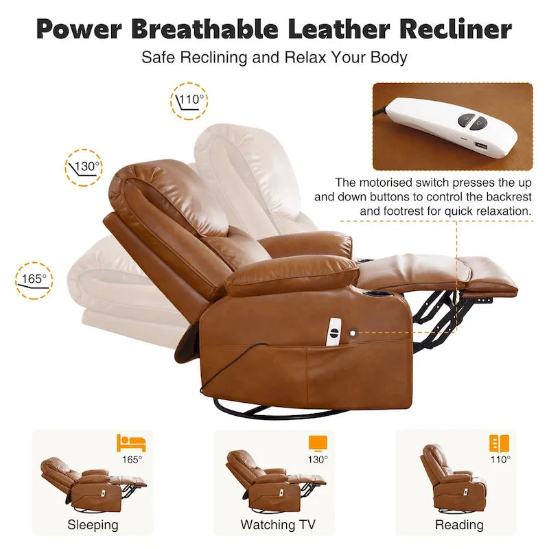 HOMYKA 34.2 Wide Faux Leather Swivel Rocking Power Recliner Chair With USB Port 14