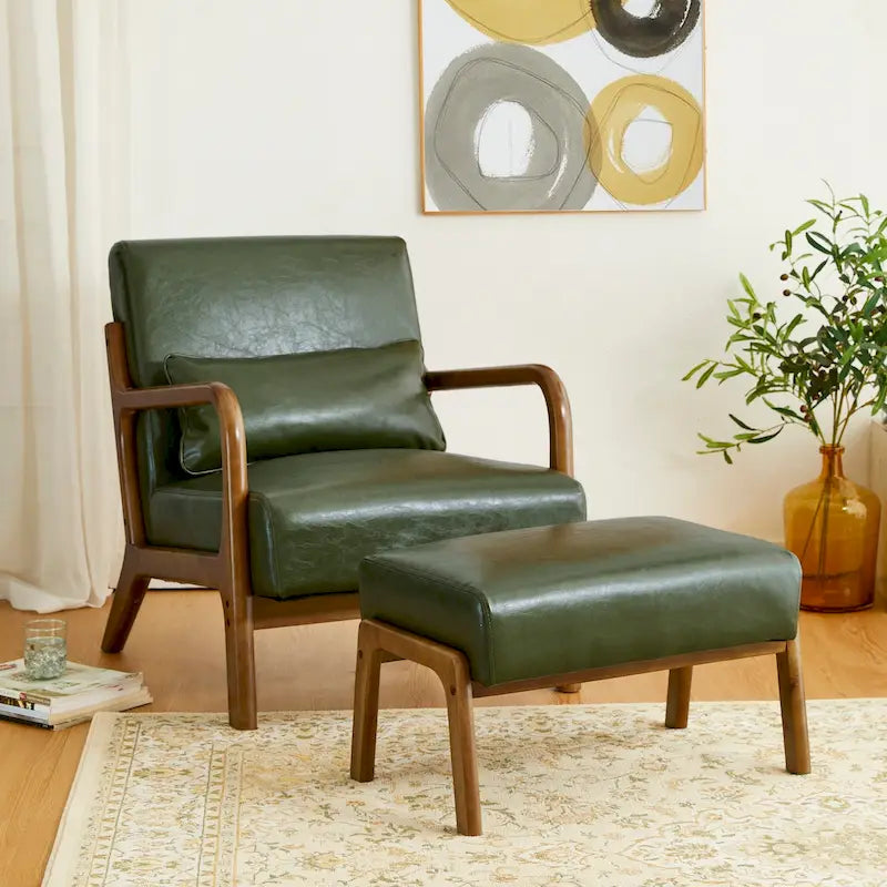 Glitzhome 30.75H Mid-Century PU Leather Armchair with Ottoman Set 36