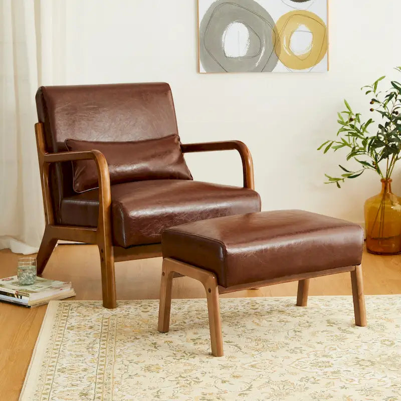 Glitzhome 30.75H Mid-Century PU Leather Armchair with Ottoman Set 37
