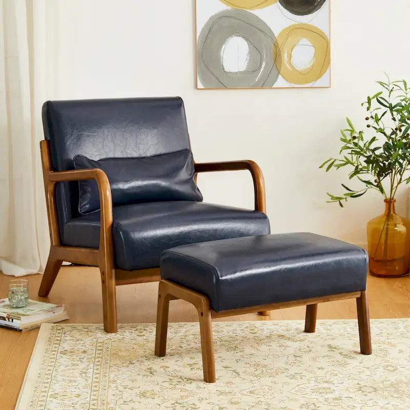 Glitzhome 30.75H Mid-Century PU Leather Armchair with Ottoman Set 39
