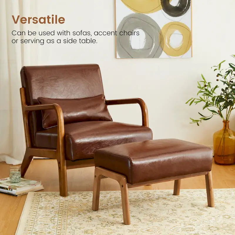 Glitzhome 30.75H Mid-Century PU Leather Armchair with Ottoman Set 3