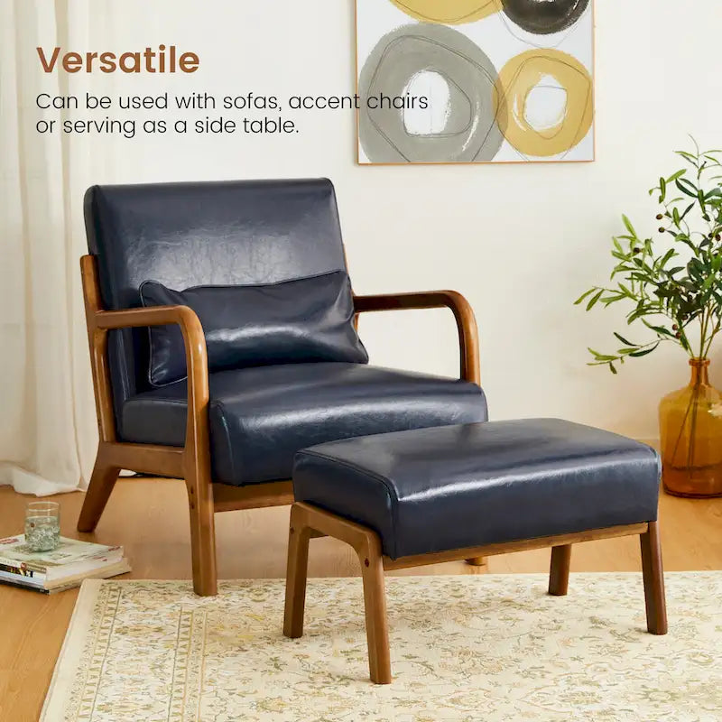 Glitzhome 30.75H Mid-Century PU Leather Armchair with Ottoman Set 4