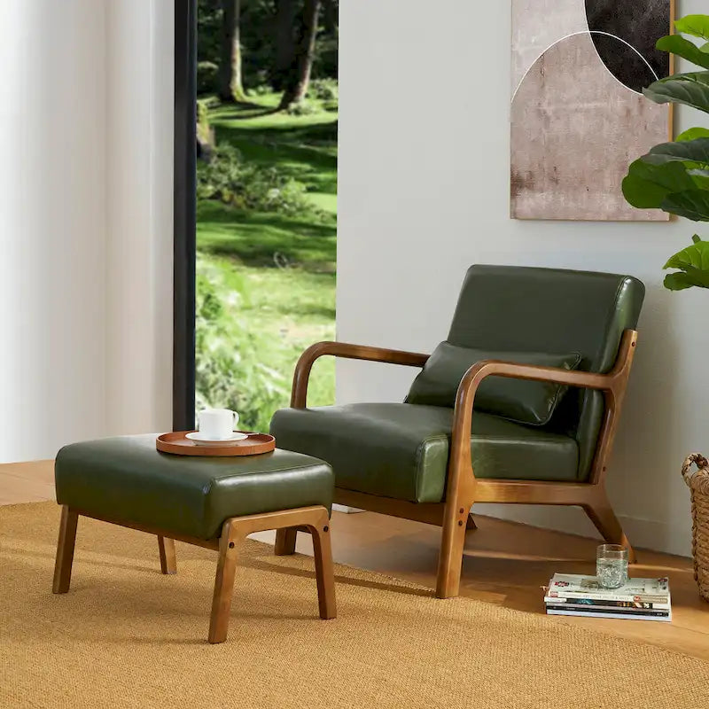 Glitzhome 30.75H Mid-Century PU Leather Armchair with Ottoman Set 5