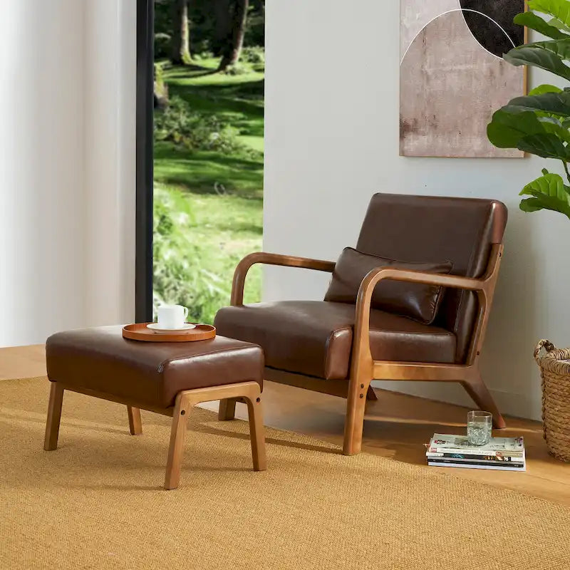 Glitzhome 30.75H Mid-Century PU Leather Armchair with Ottoman Set 6