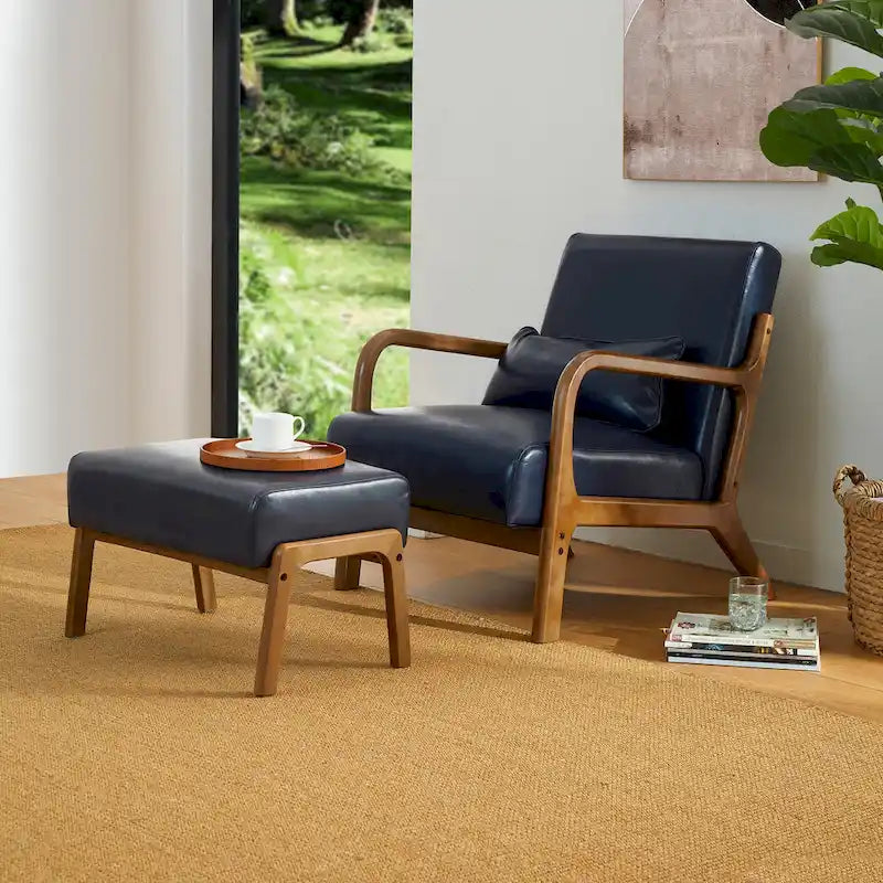 Glitzhome 30.75H Mid-Century PU Leather Armchair with Ottoman Set 7