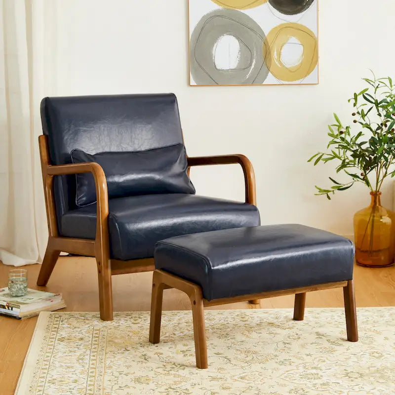 Glitzhome 30.75H Mid-Century PU Leather Armchair with Ottoman Set 11