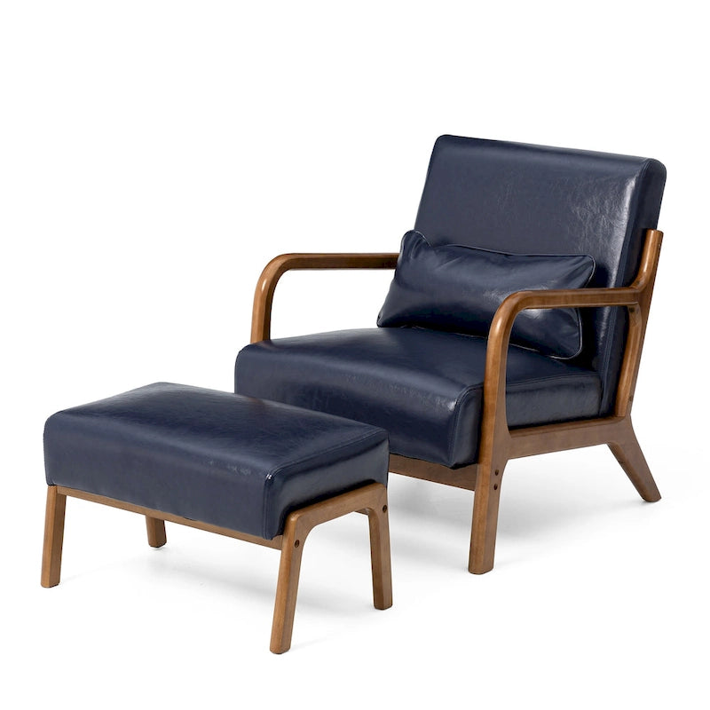 Glitzhome 30.75H Mid-Century PU Leather Armchair with Ottoman Set 12
