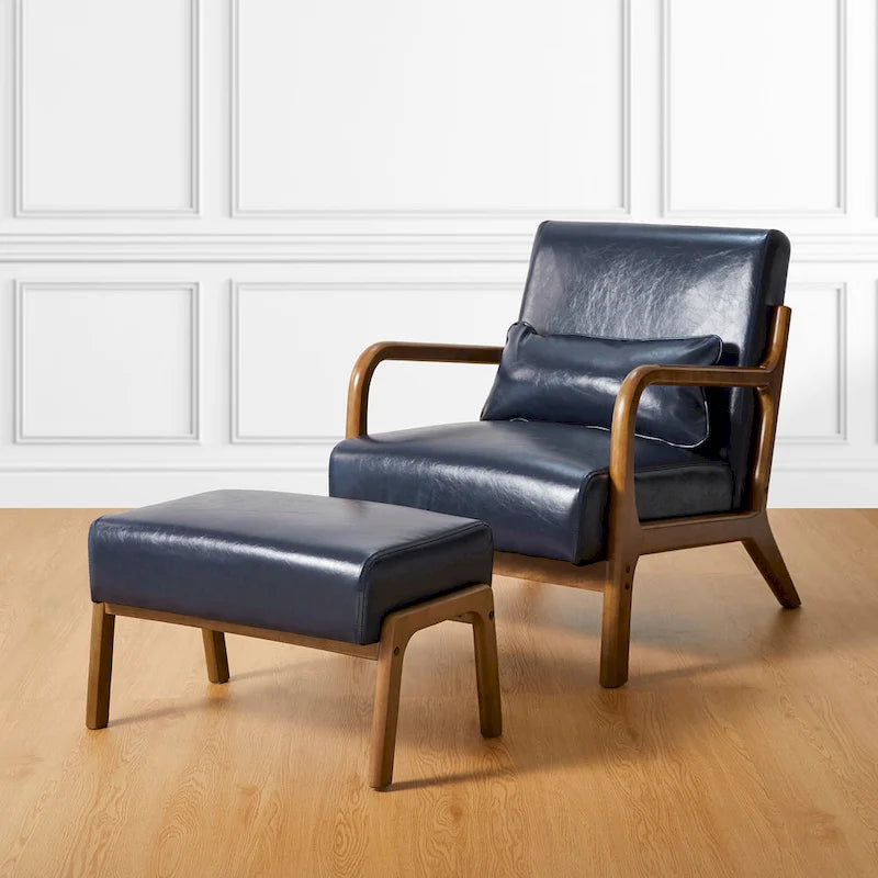 Glitzhome 30.75H Mid-Century PU Leather Armchair with Ottoman Set 13