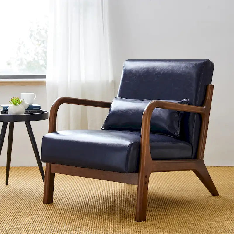 Glitzhome 30.75H Mid-Century PU Leather Armchair with Ottoman Set 17