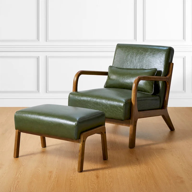 Glitzhome 30.75H Mid-Century PU Leather Armchair with Ottoman Set 29