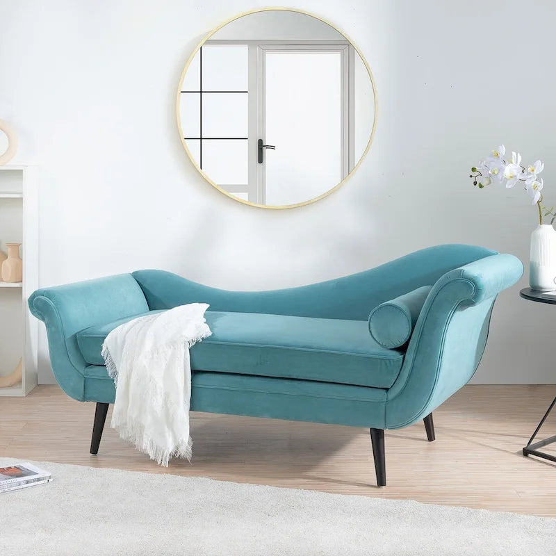 Chaise Lounge Indoor with Scroll Arms,Upholstered Chair Recliner Couch with Rolled Accent Pillow and Solid Wood Legs 3