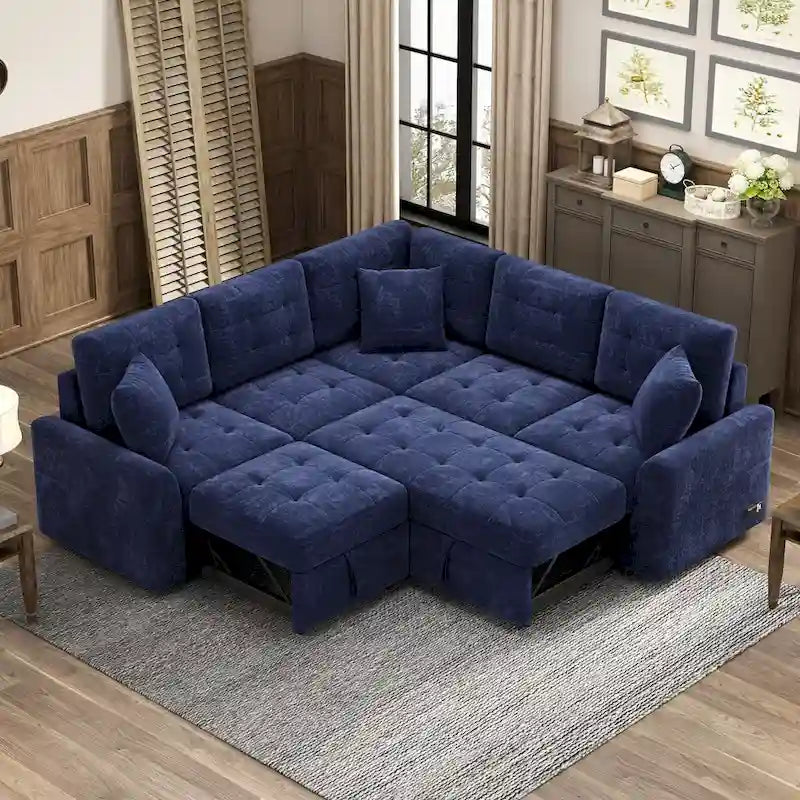 82.6-inch L-shaped Pull-out Sleeper Sofa with Wheels, USB Ports, Power Sockets - 82.6W x 82.6D x 33H 12