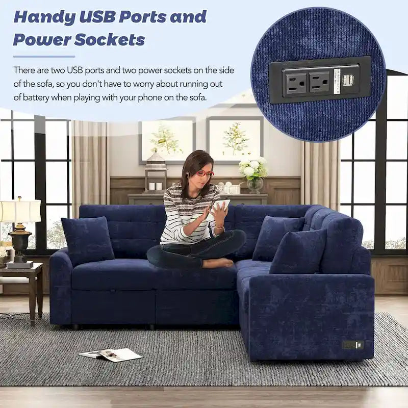 82.6-inch L-shaped Pull-out Sleeper Sofa with Wheels, USB Ports, Power Sockets - 82.6W x 82.6D x 33H 15