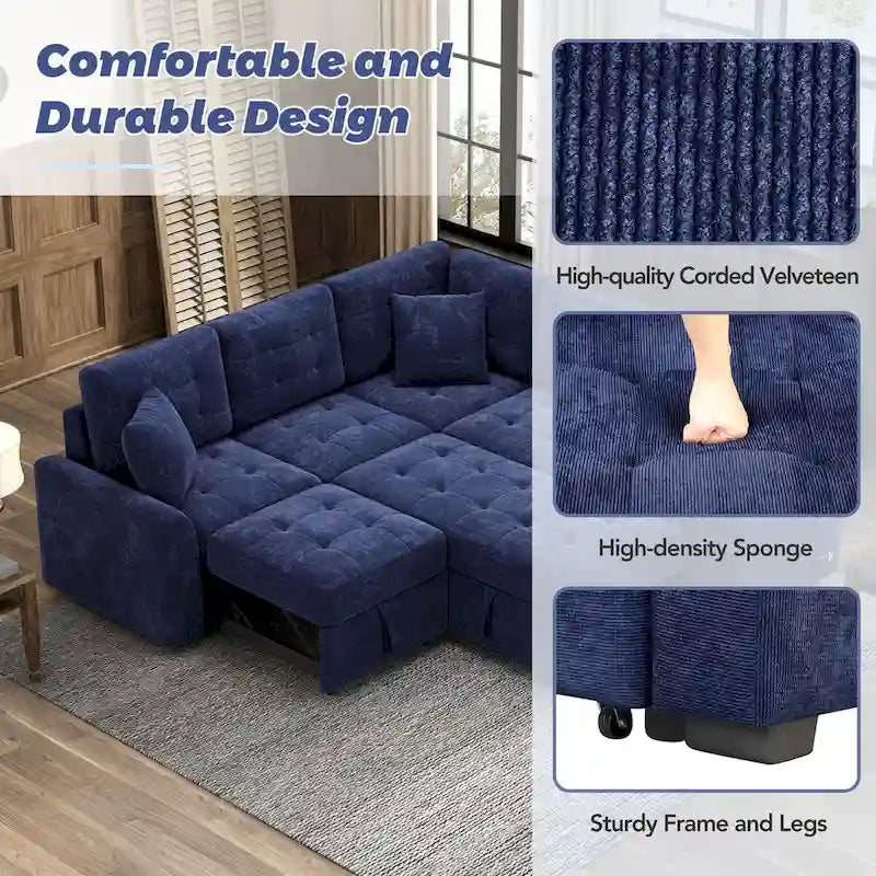 82.6-inch L-shaped Pull-out Sleeper Sofa with Wheels, USB Ports, Power Sockets - 82.6W x 82.6D x 33H 16